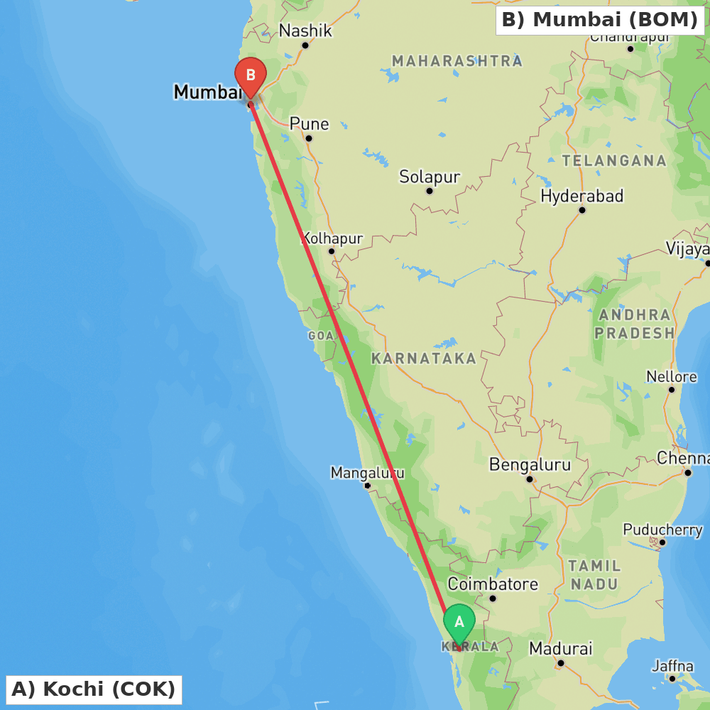Flight route map from Kochi to Mumbai