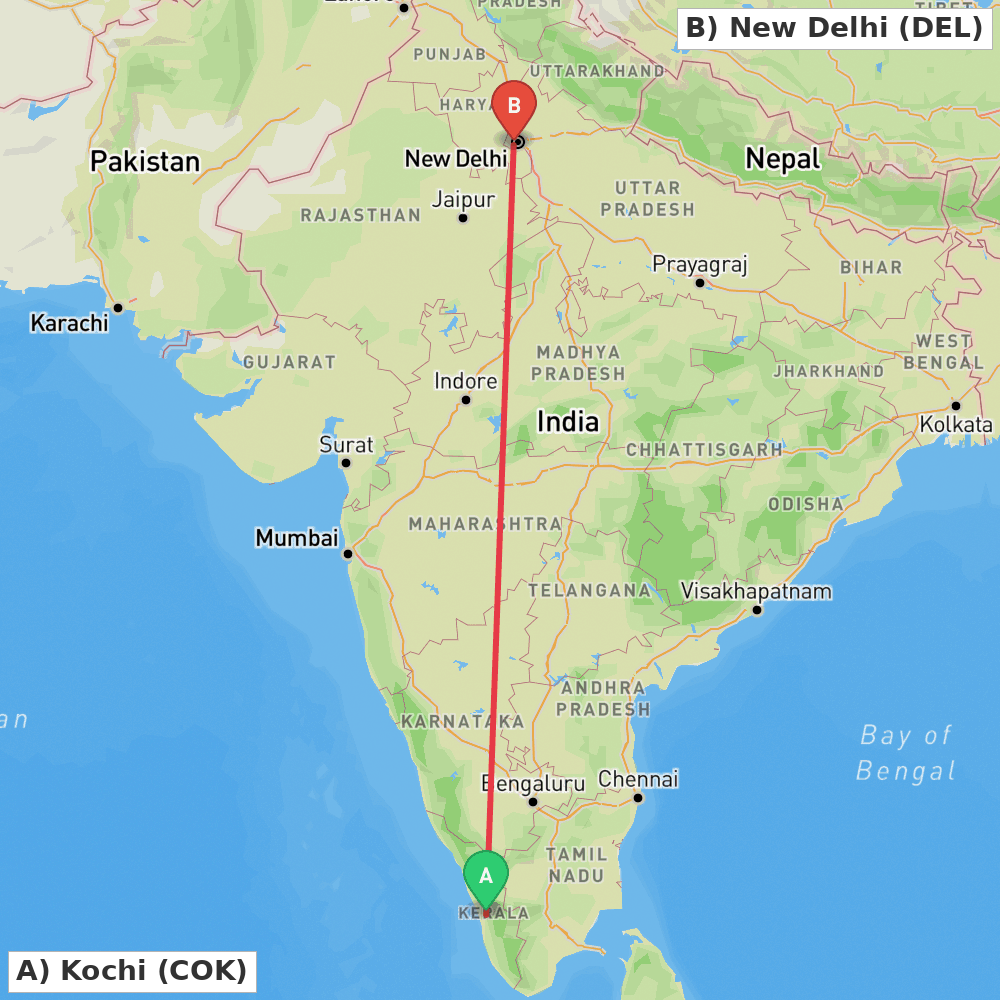 Flight route map from Kochi to New Delhi