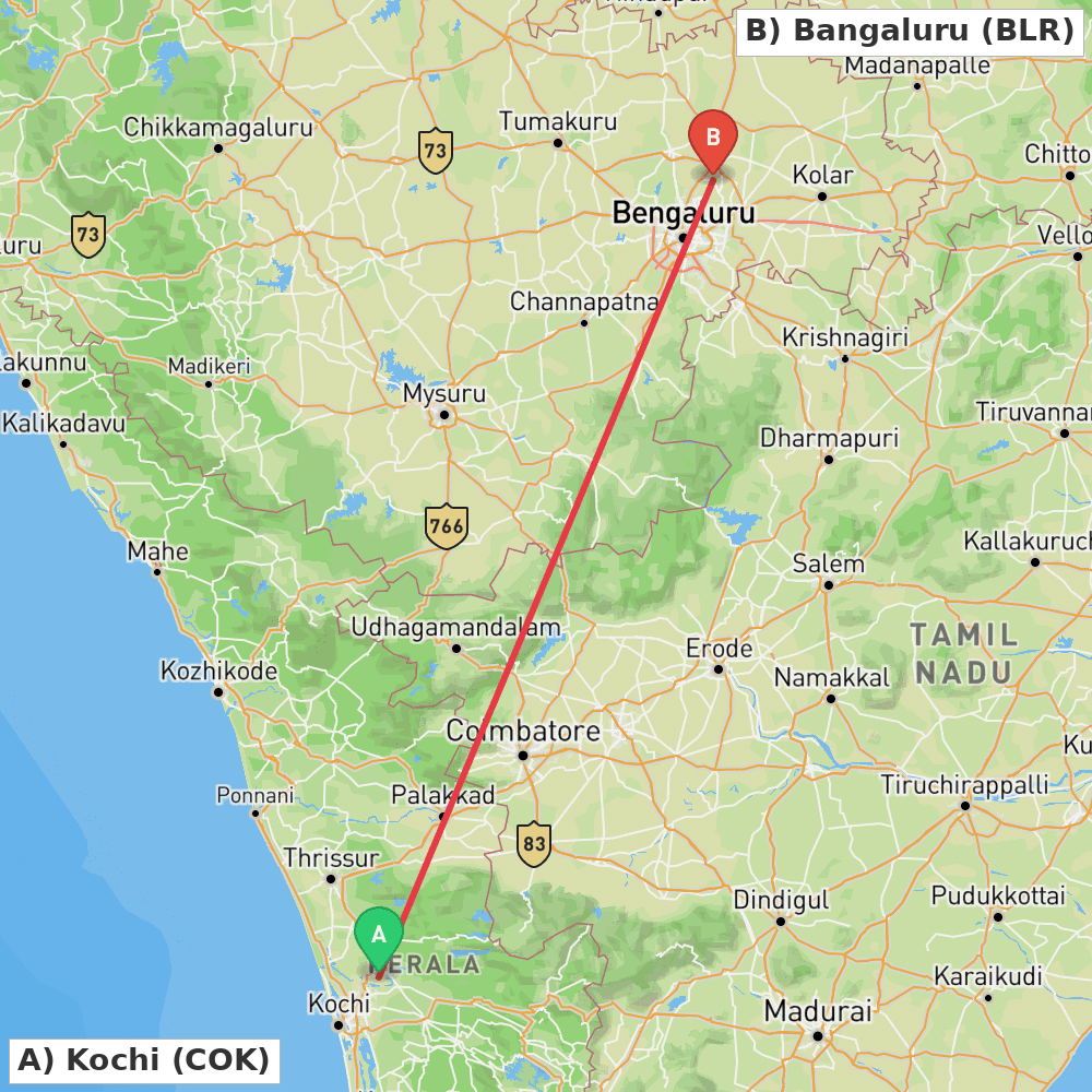 Flight route map from Kochi to Bangaluru