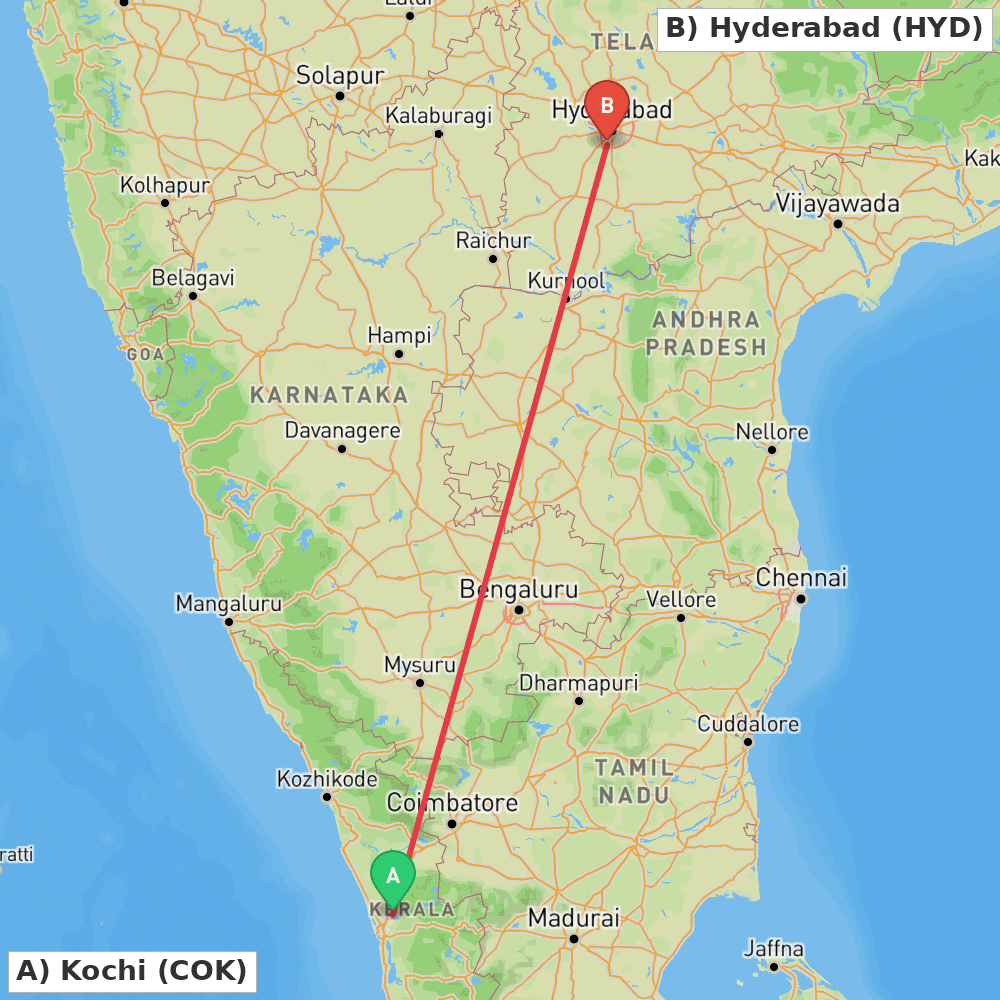 Flight route map from Kochi to Hyderabad