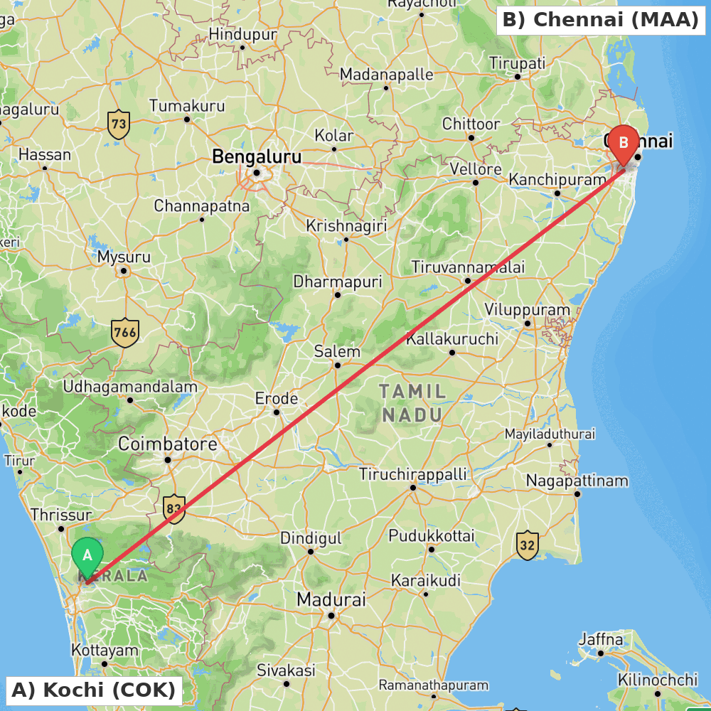 Flight route map from Kochi to Chennai