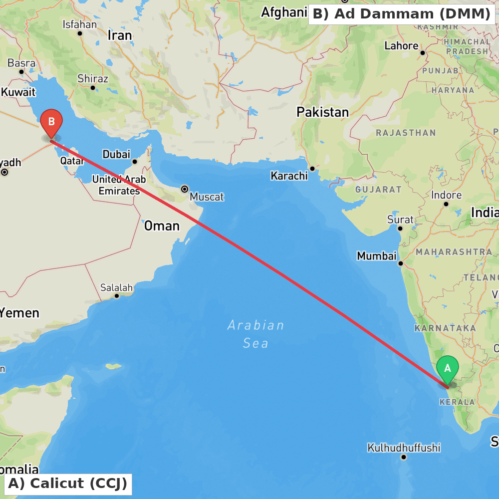 Flight route map from Calicut to Ad Dammam