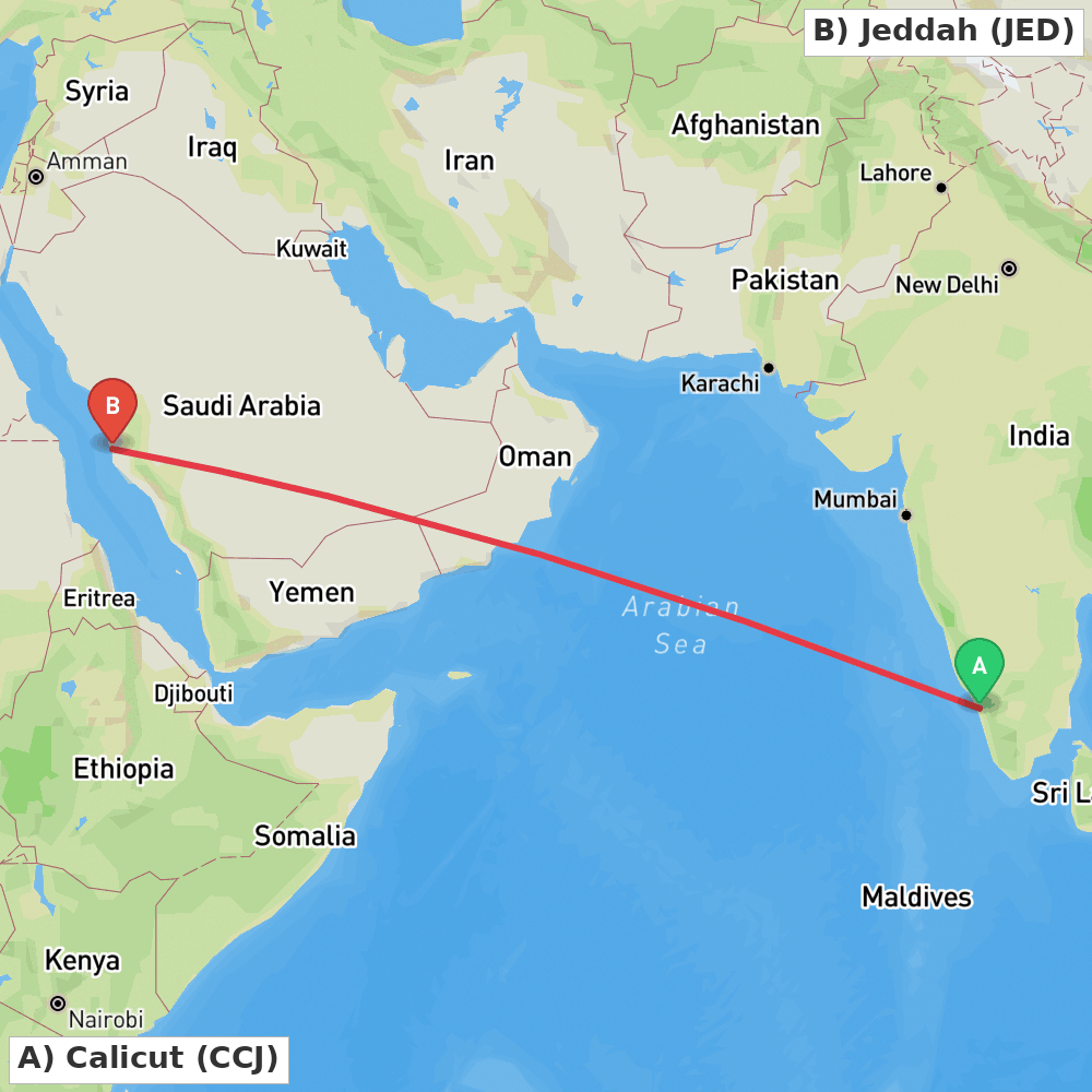Flight route map from Calicut to Jeddah