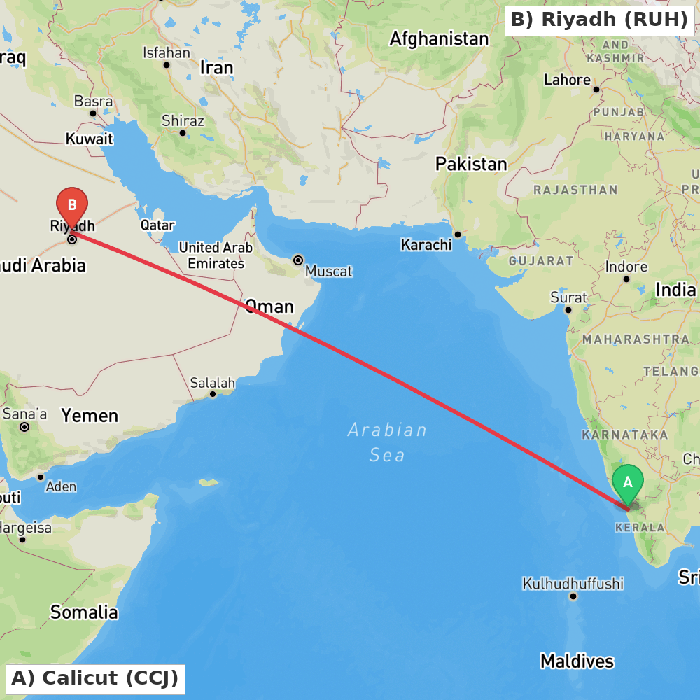 Flight route map from Calicut to Riyadh
