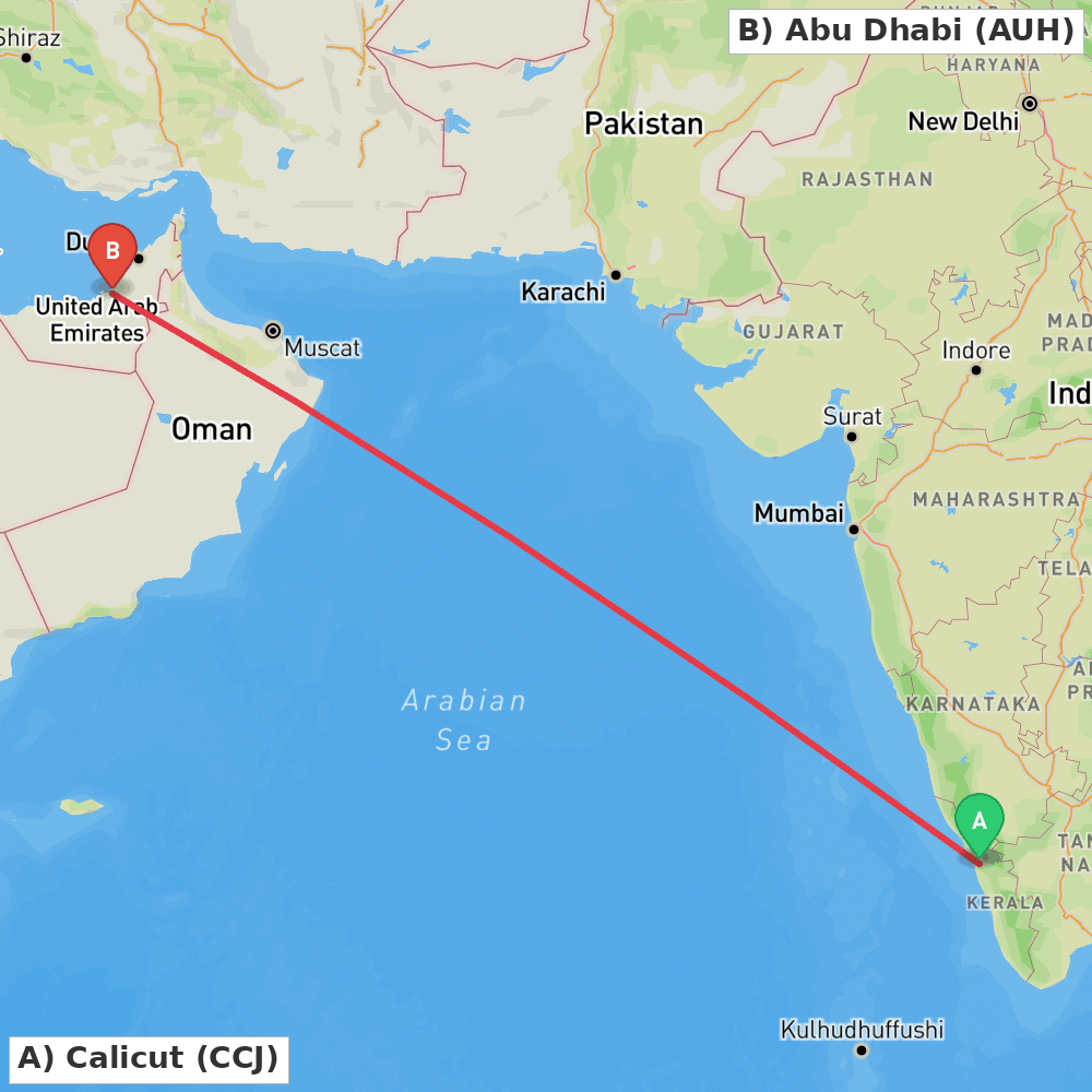 Flight route map from Calicut to Abu Dhabi