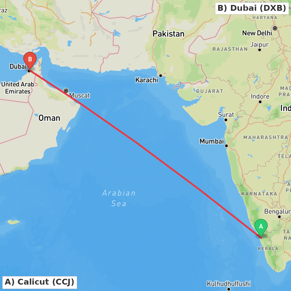 Flight route map from Calicut to Dubai