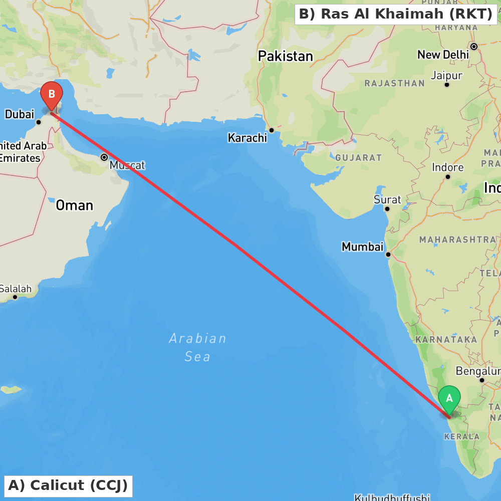 Flight route map from Calicut to Ras Al Khaimah