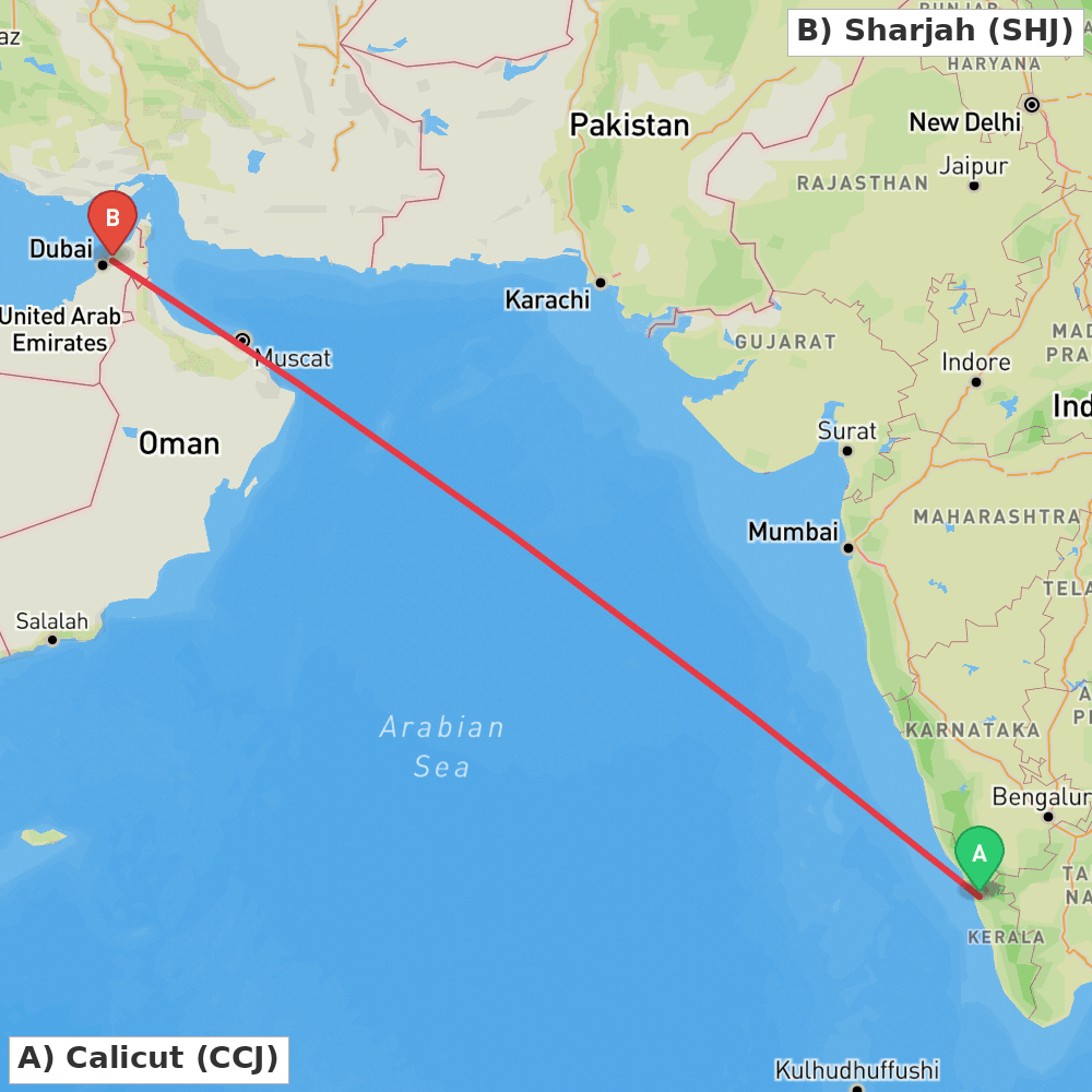 Flight route map from Calicut to Sharjah