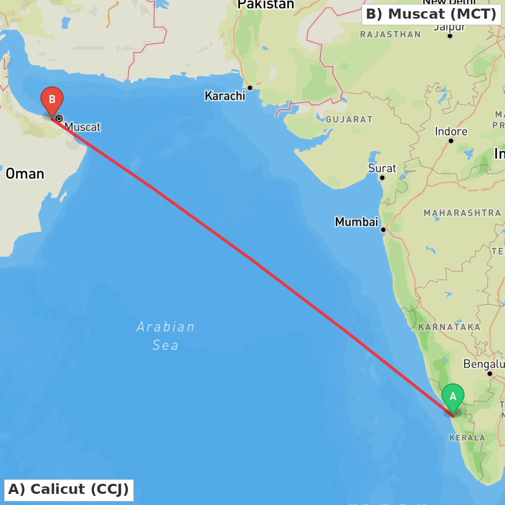 Flight route map from Calicut to Muscat