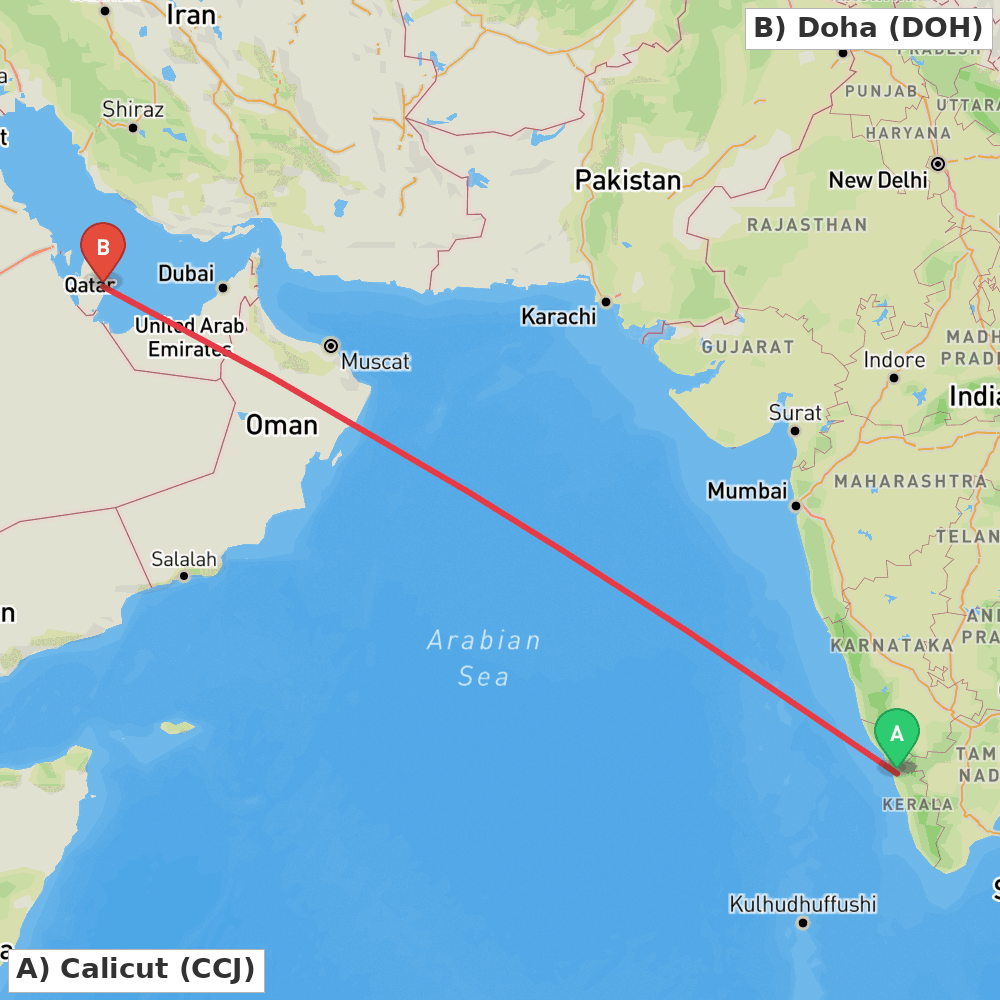 Flight route map from Calicut to Doha