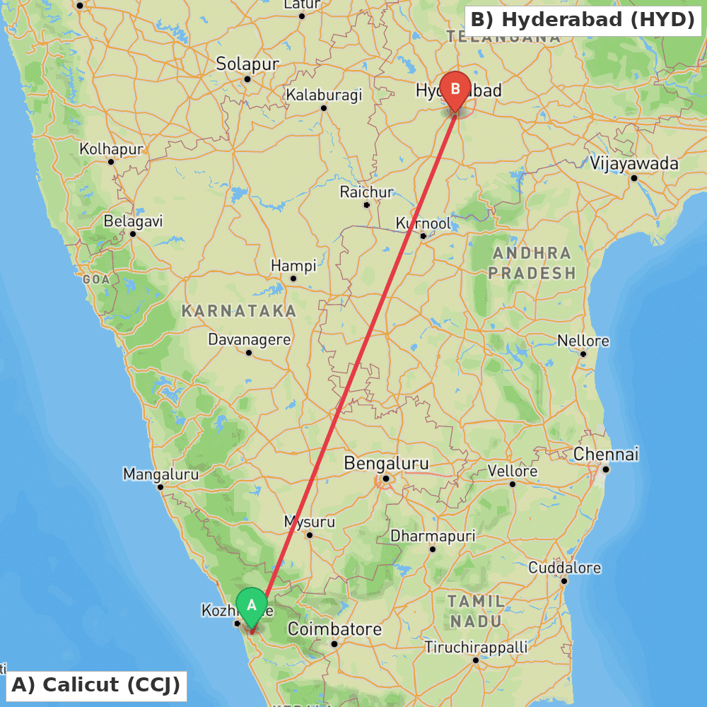Flight route map from Calicut to Hyderabad