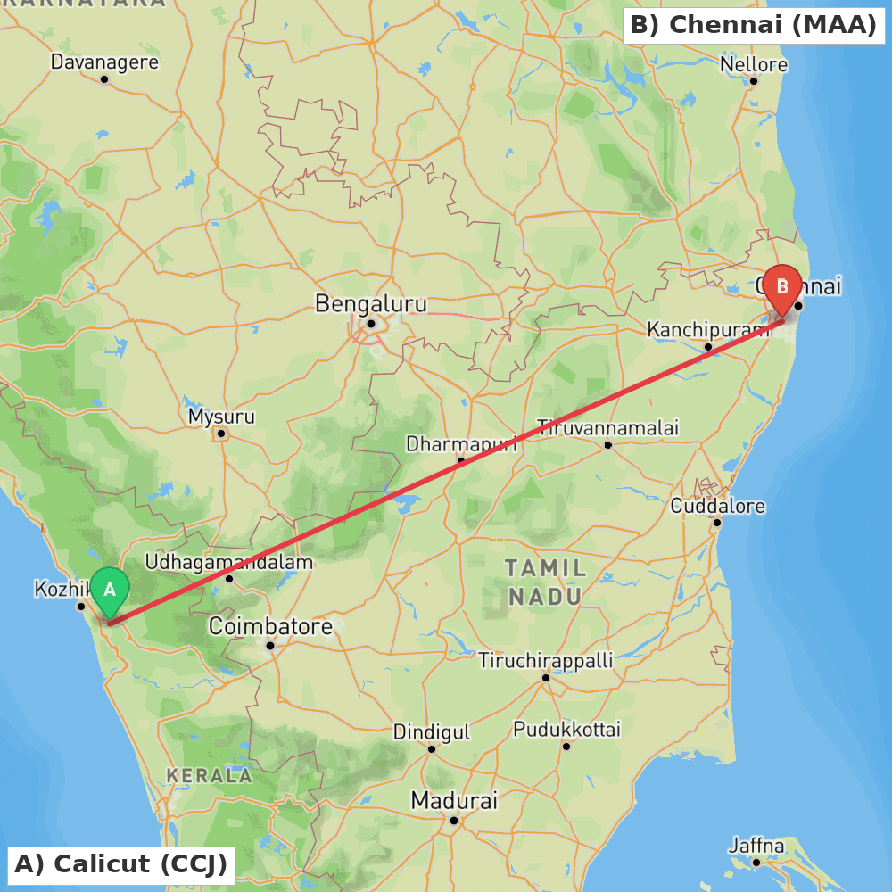 Flight route map from Calicut to Chennai