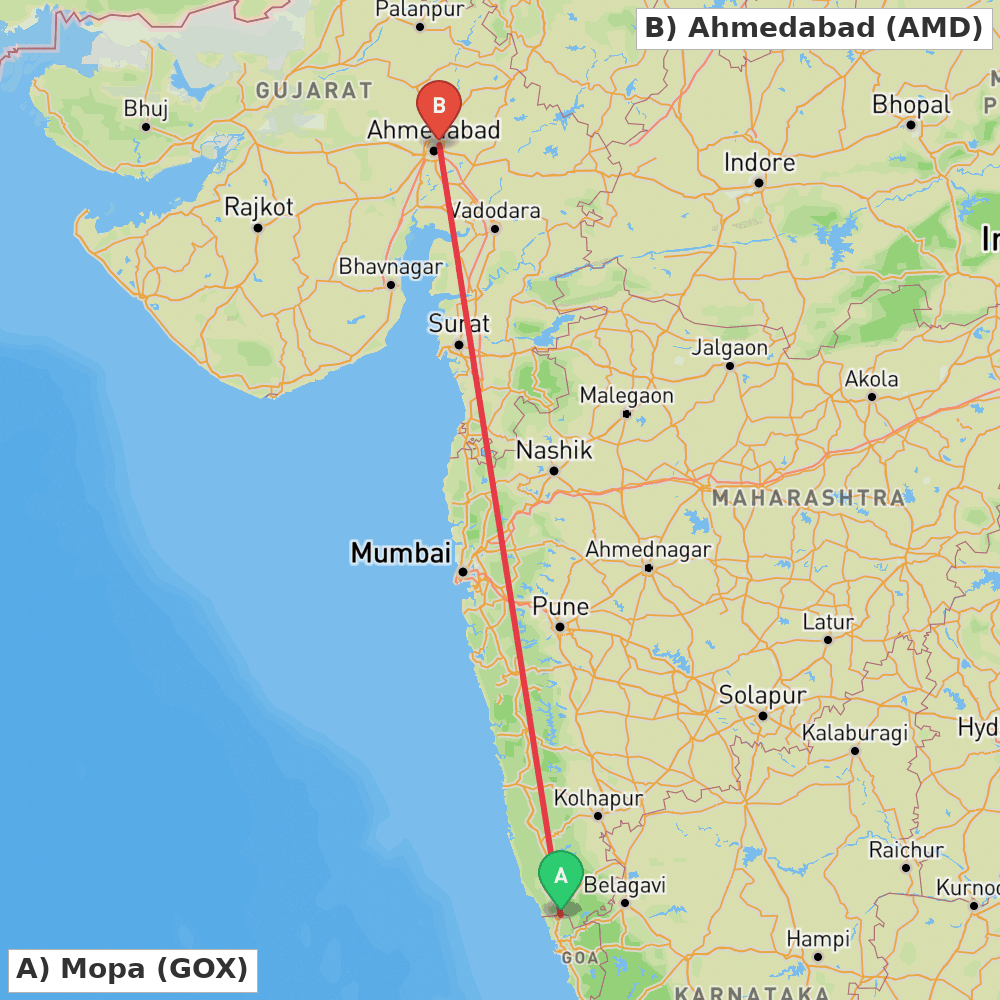 Flight route map from Mopa to Ahmedabad