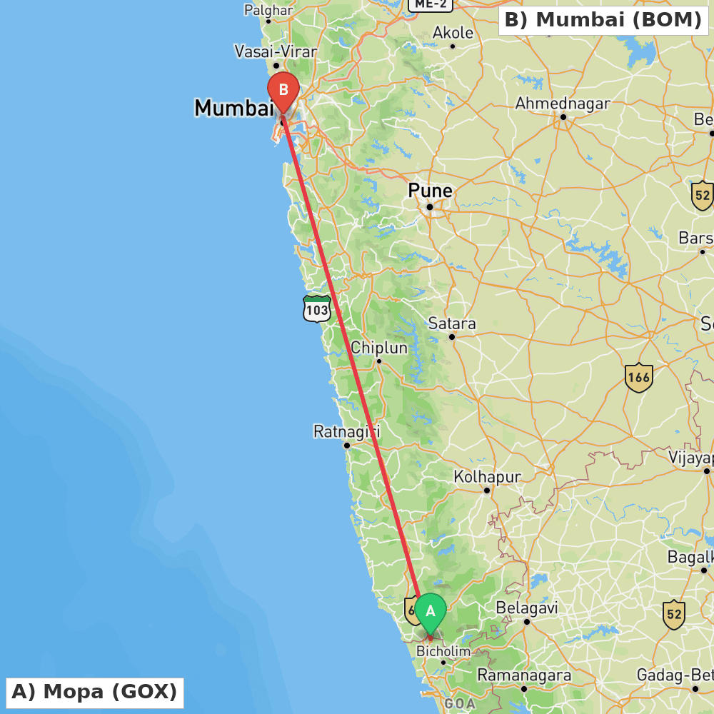 Flight route map from Mopa to Mumbai