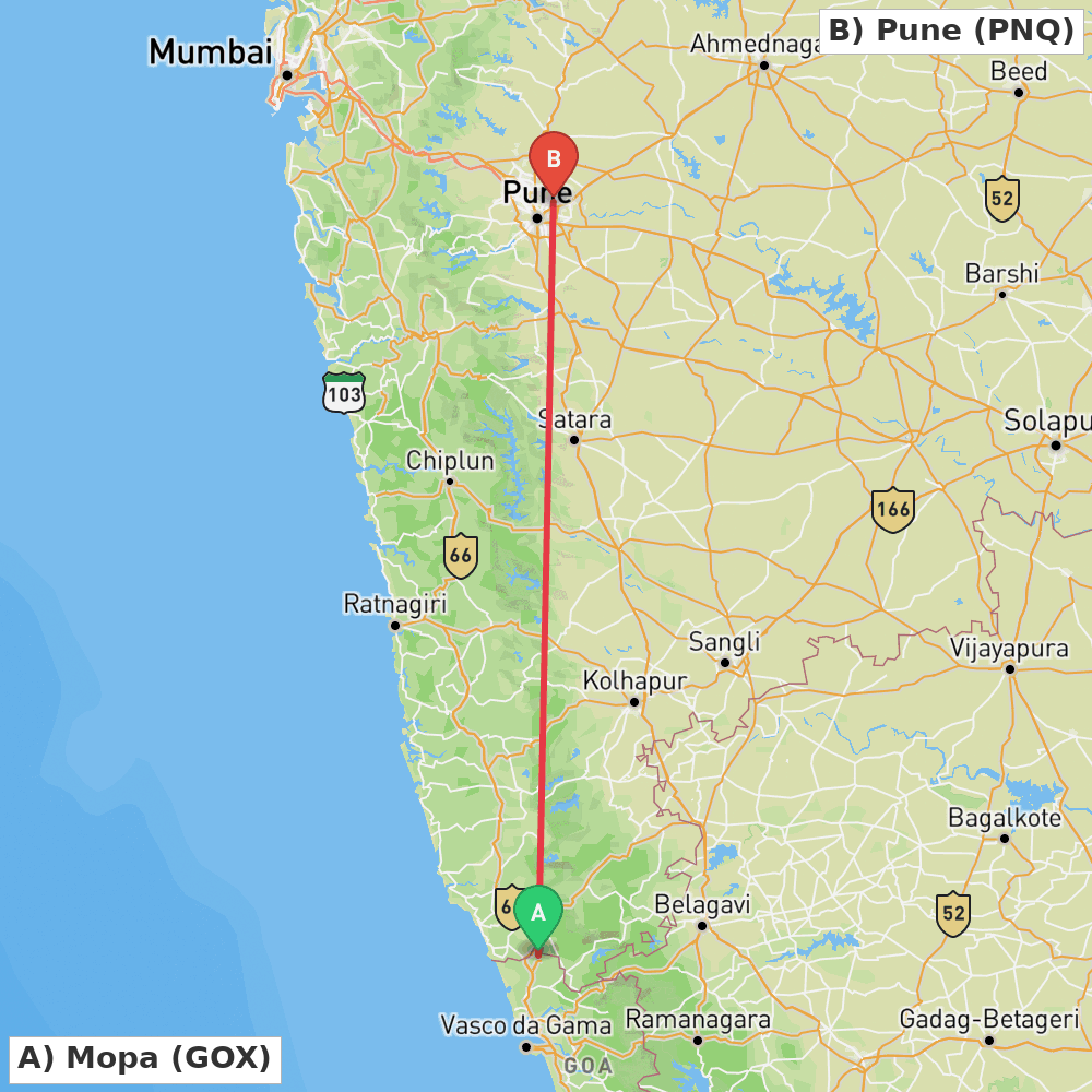 Flight route map from Mopa to Pune