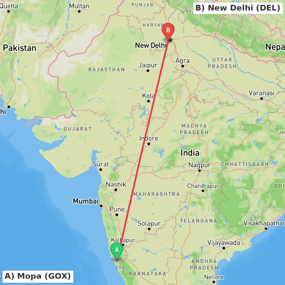 Flight route map from Mopa to New Delhi