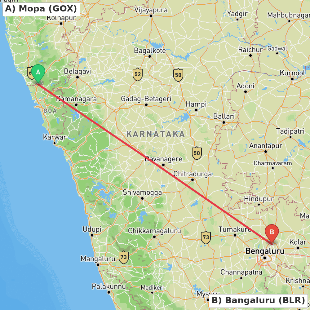 Flight route map from Mopa to Bangaluru
