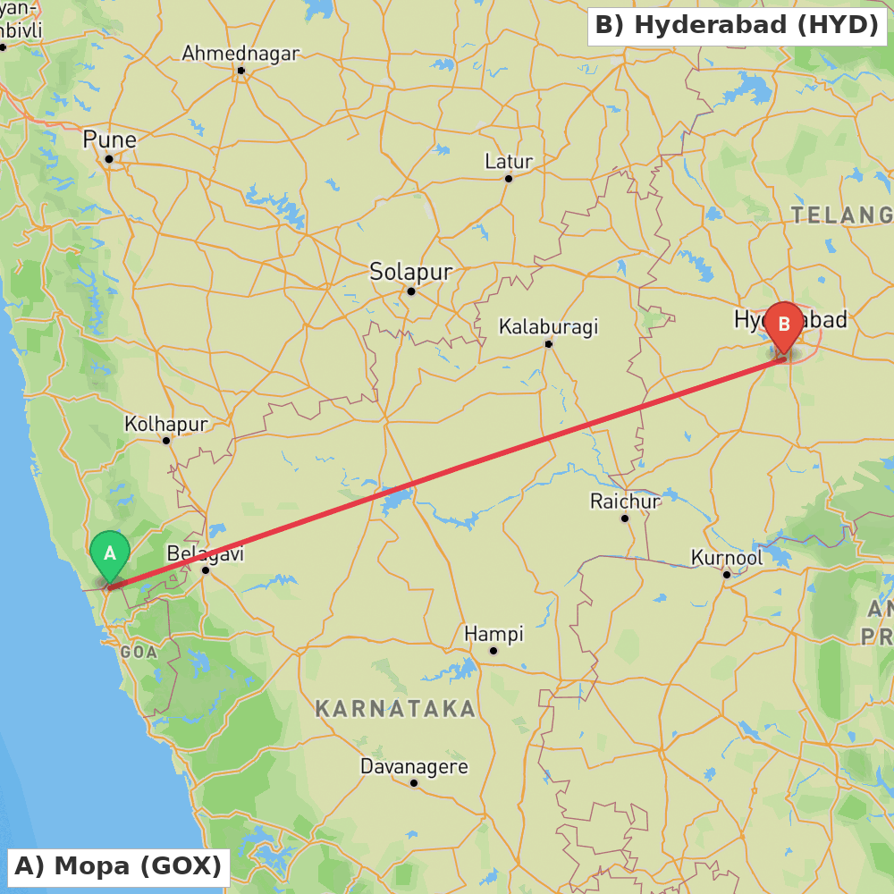 Flight route map from Mopa to Hyderabad