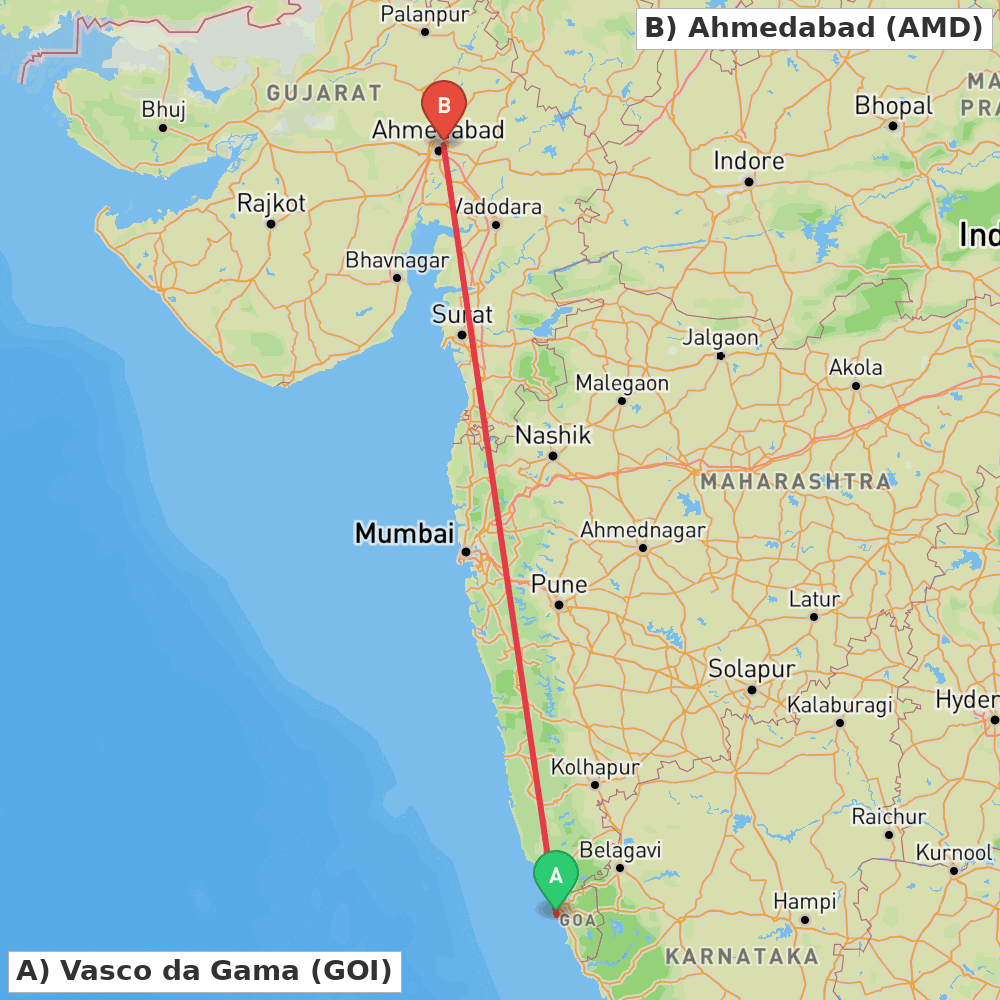 Flight route map from Vasco da Gama to Ahmedabad