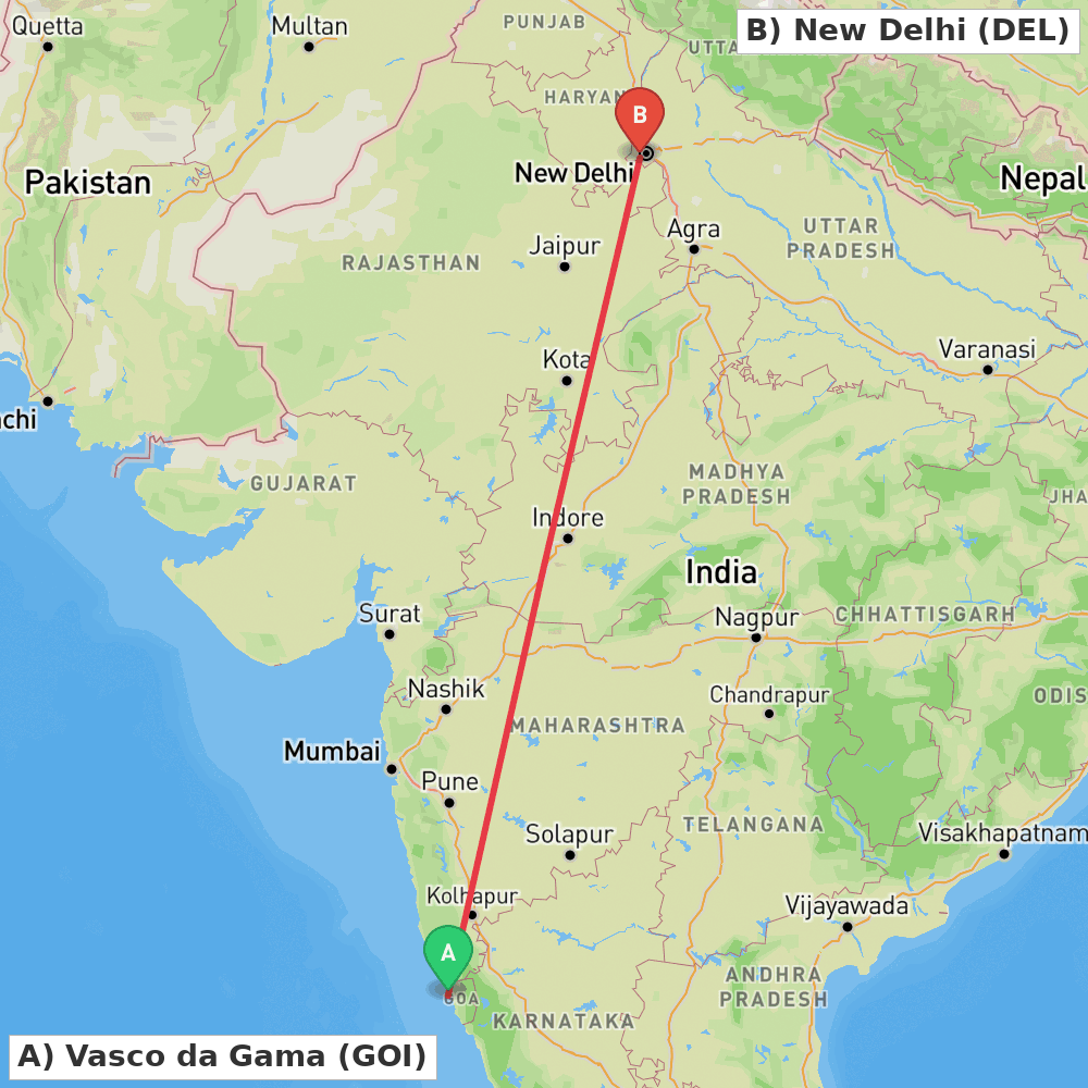 Flight route map from Vasco da Gama to New Delhi
