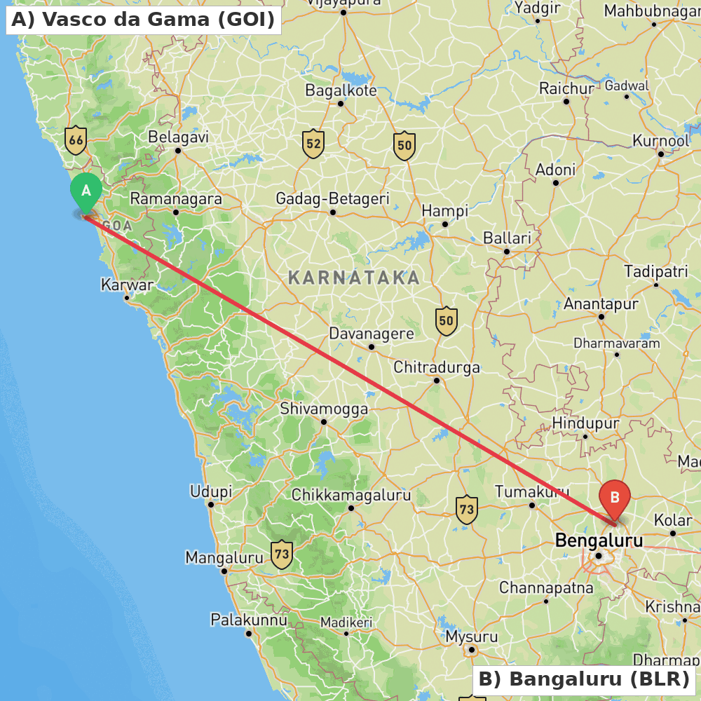 Flight route map from Vasco da Gama to Bangaluru