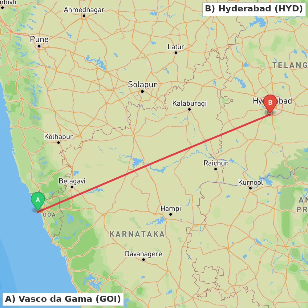 Flight route map from Vasco da Gama to Hyderabad