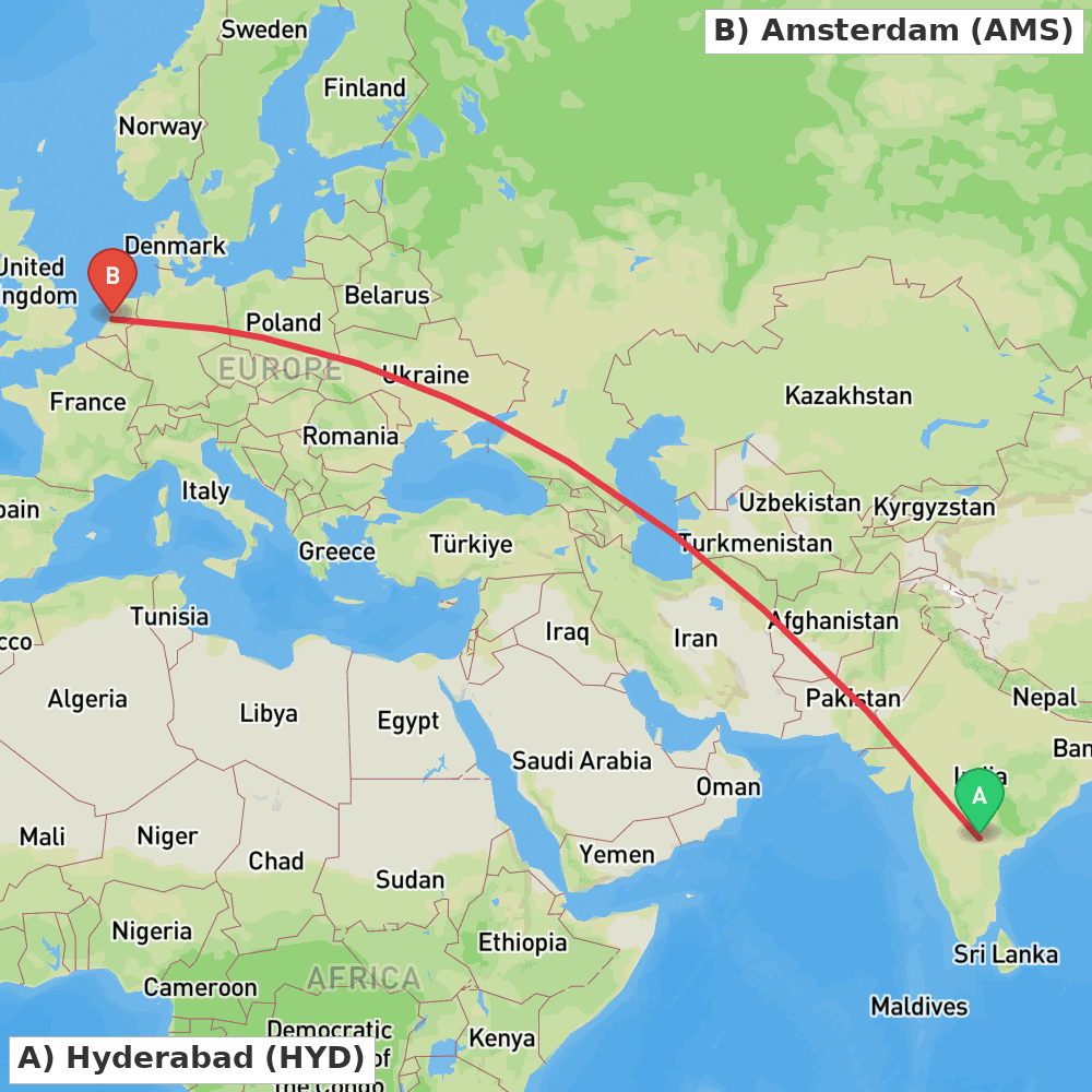 Flight route map from Hyderabad to Amsterdam