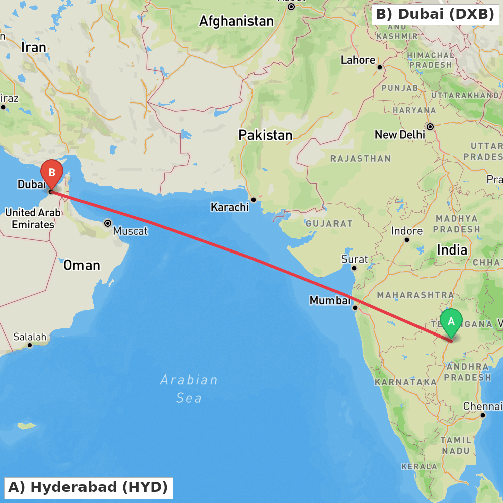 Flight route map from Hyderabad to Dubai