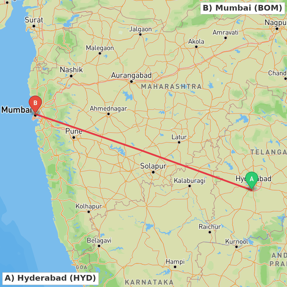 Flight route map from Hyderabad to Mumbai