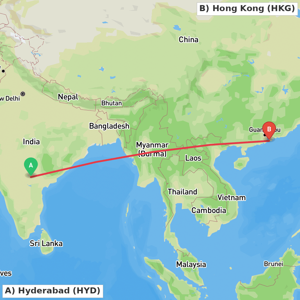 Flight route map from Hyderabad to Hong Kong