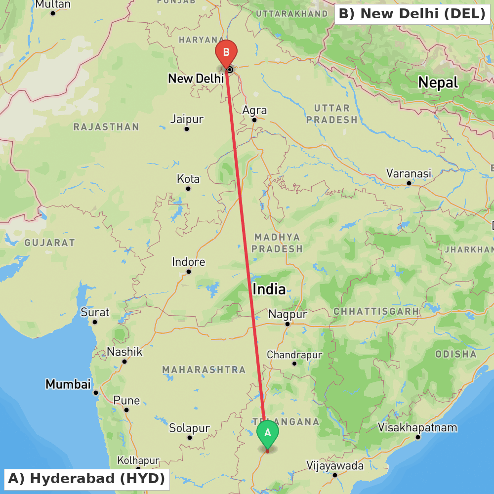 Flight route map from Hyderabad to New Delhi