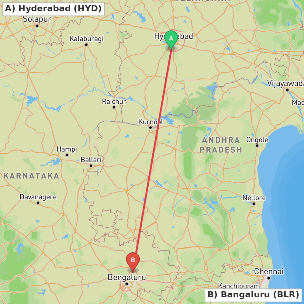 Flight route map from Hyderabad to Bangaluru