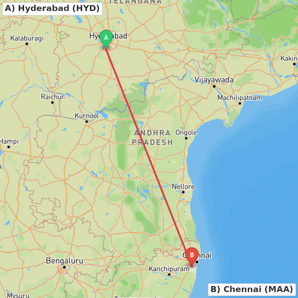 Flight route map from Hyderabad to Chennai
