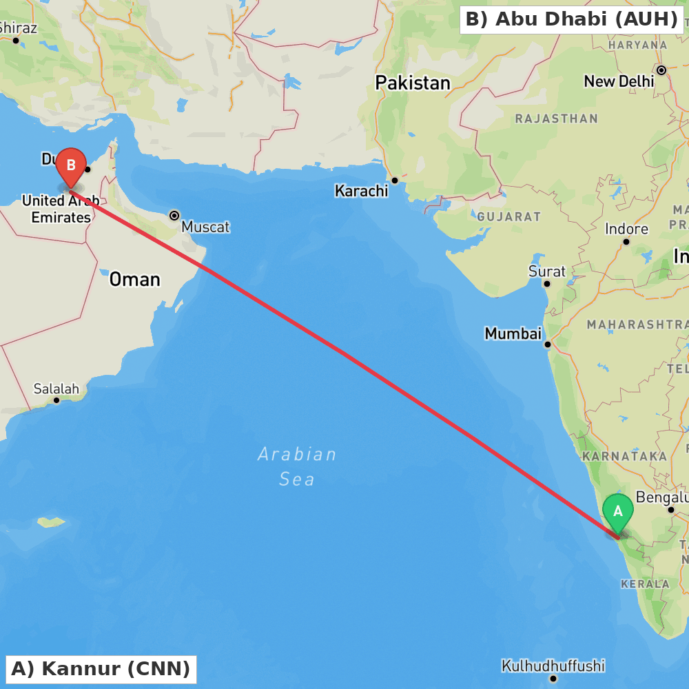 Flight route map from Kannur to Abu Dhabi
