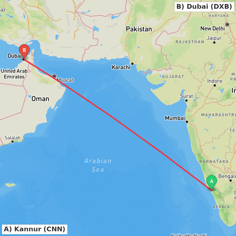 Flight route map from Kannur to Dubai