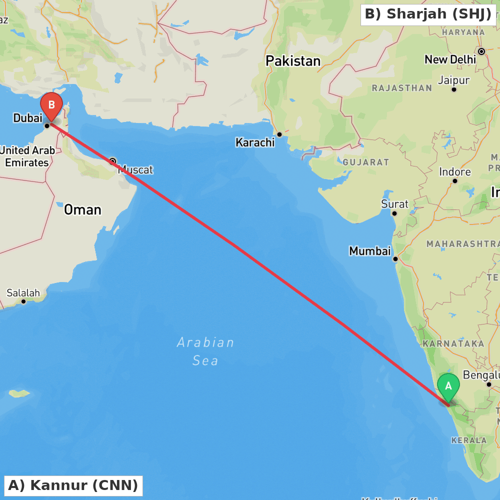 Flight route map from Kannur to Sharjah