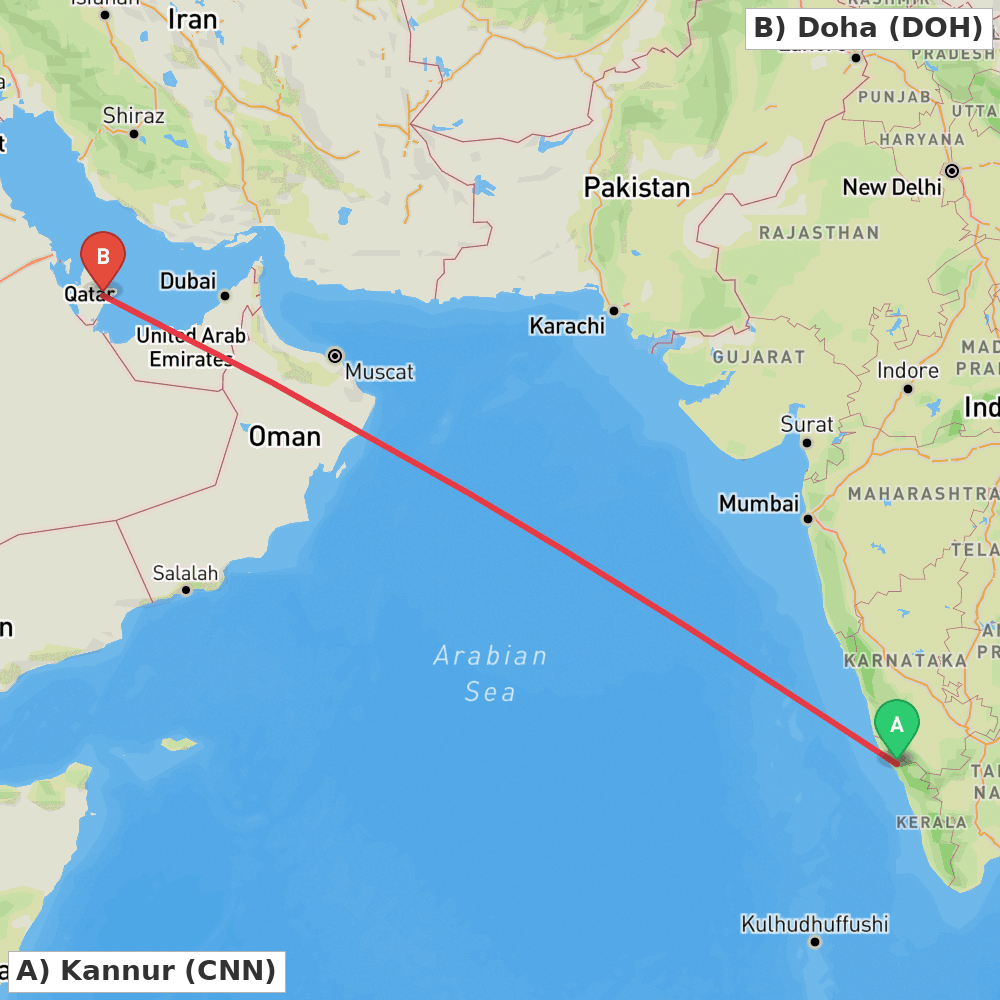 Flight route map from Kannur to Doha