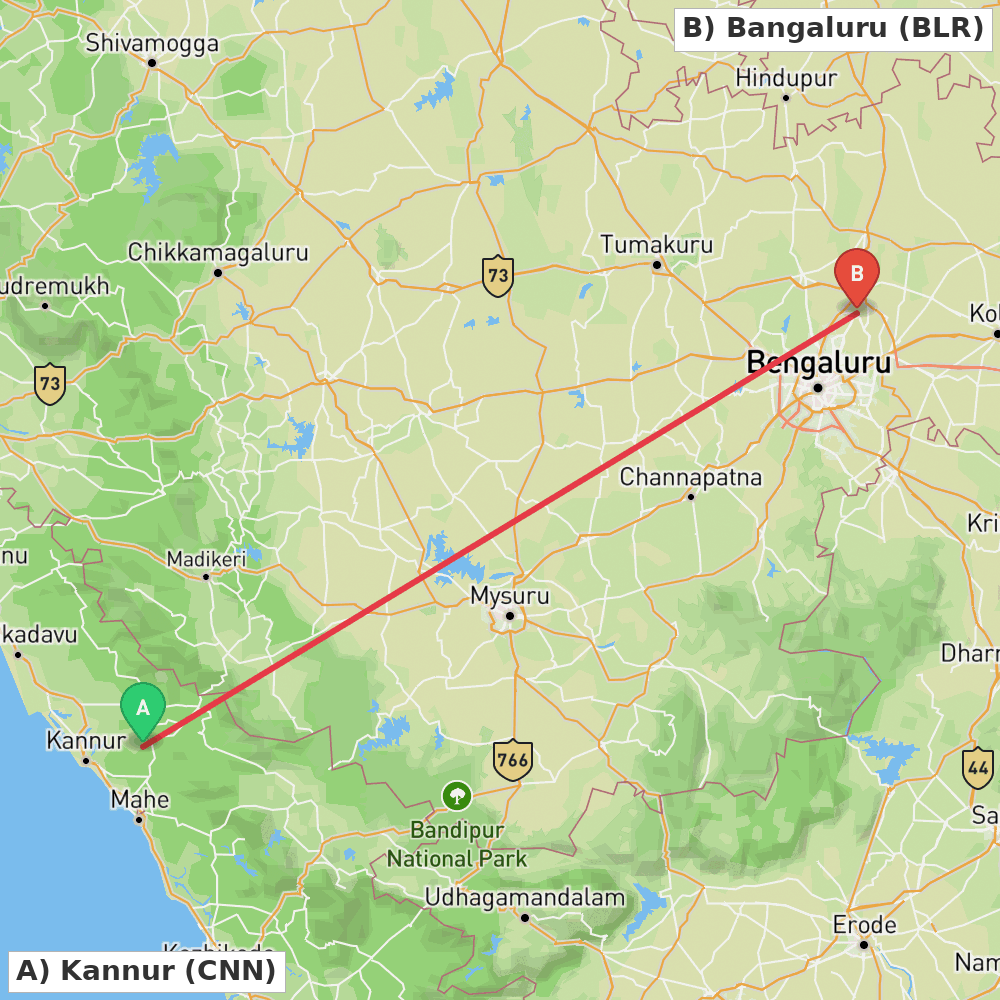 Flight route map from Kannur to Bangaluru