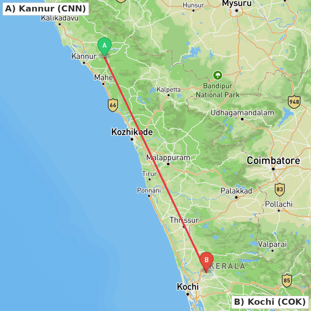 Flight route map from Kannur to Kochi