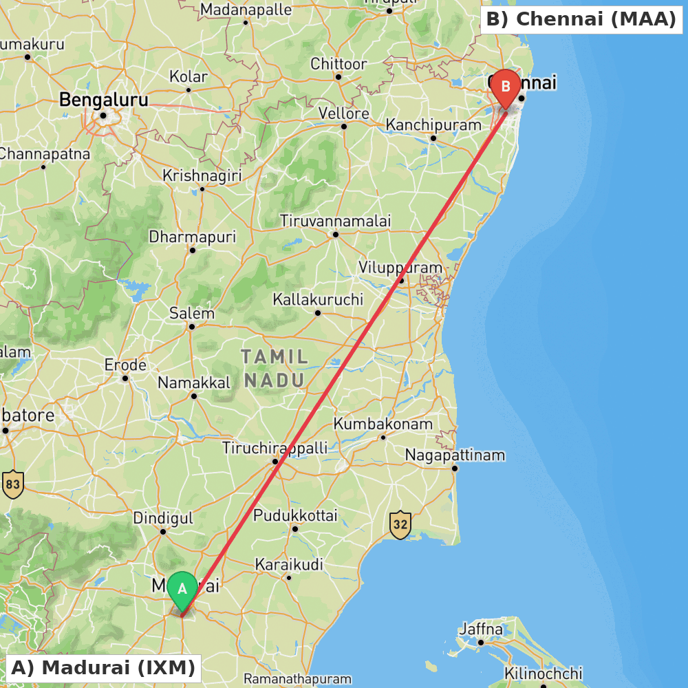 Flight route map from Madurai to Chennai