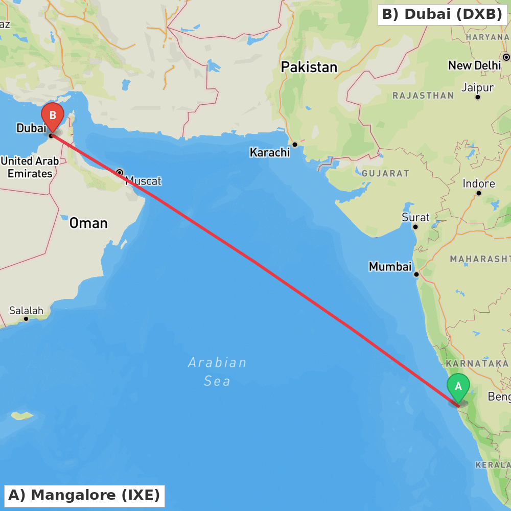 Flight route map from Mangalore to Dubai