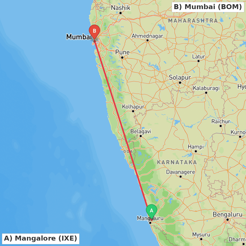 Flight route map from Mangalore to Mumbai