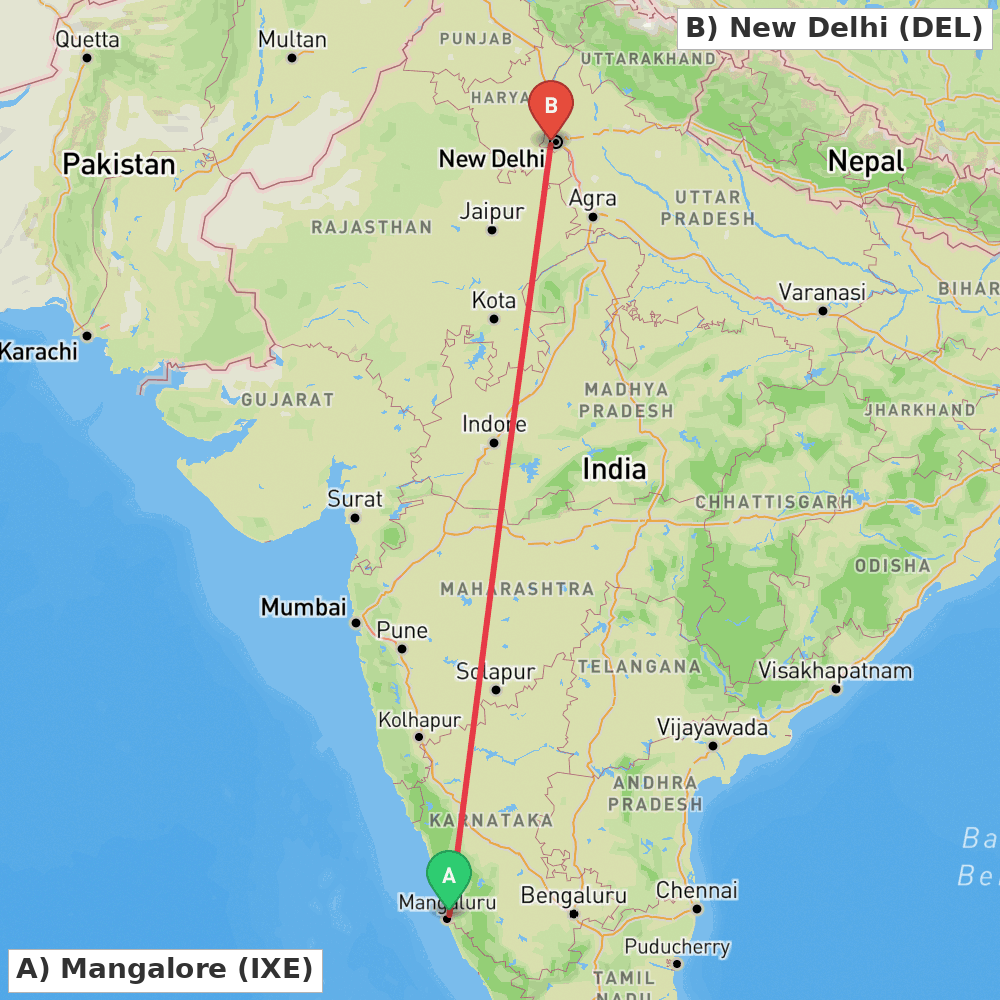 Flight route map from Mangalore to New Delhi