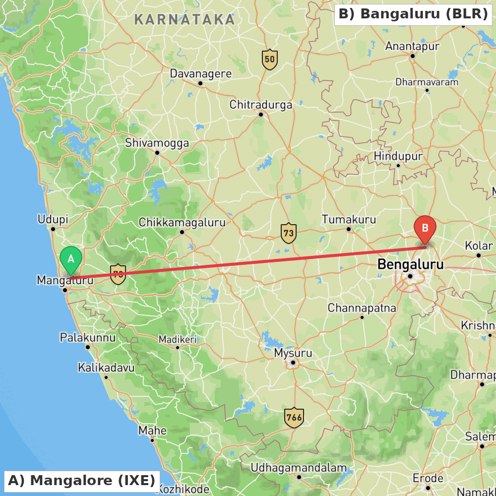Flight route map from Mangalore to Bangaluru