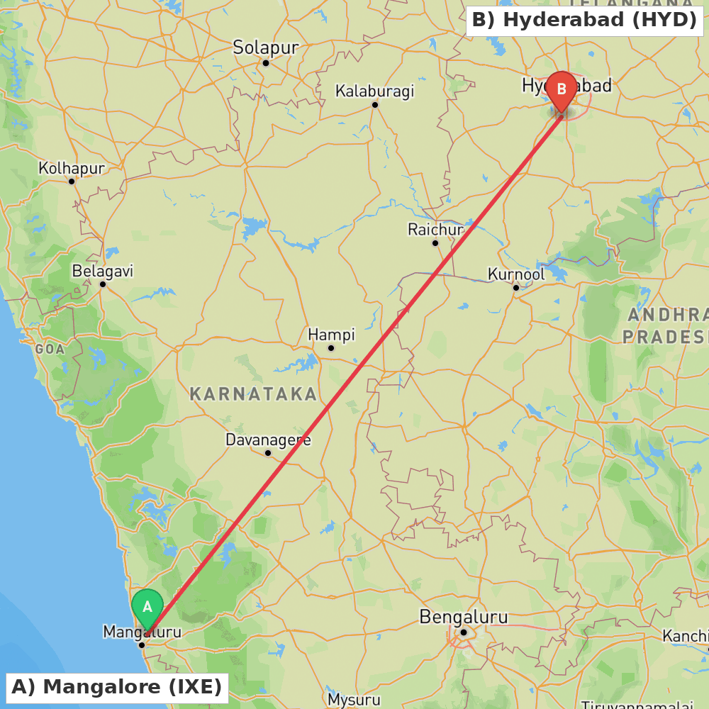 Flight route map from Mangalore to Hyderabad