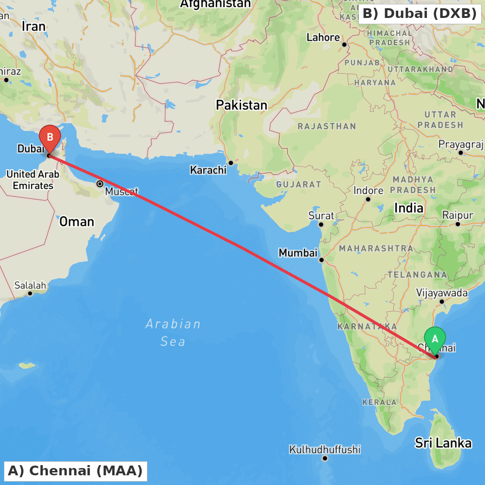Flight route map from Chennai to Dubai