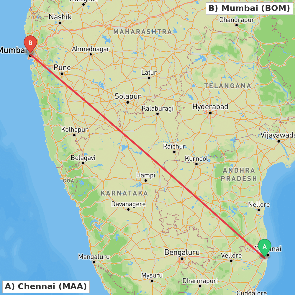 Flight route map from Chennai to Mumbai
