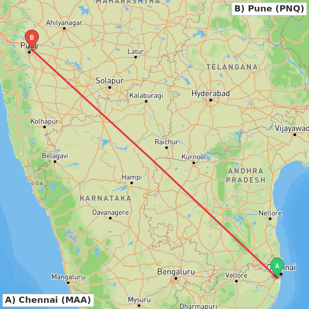 Flight route map from Chennai to Pune