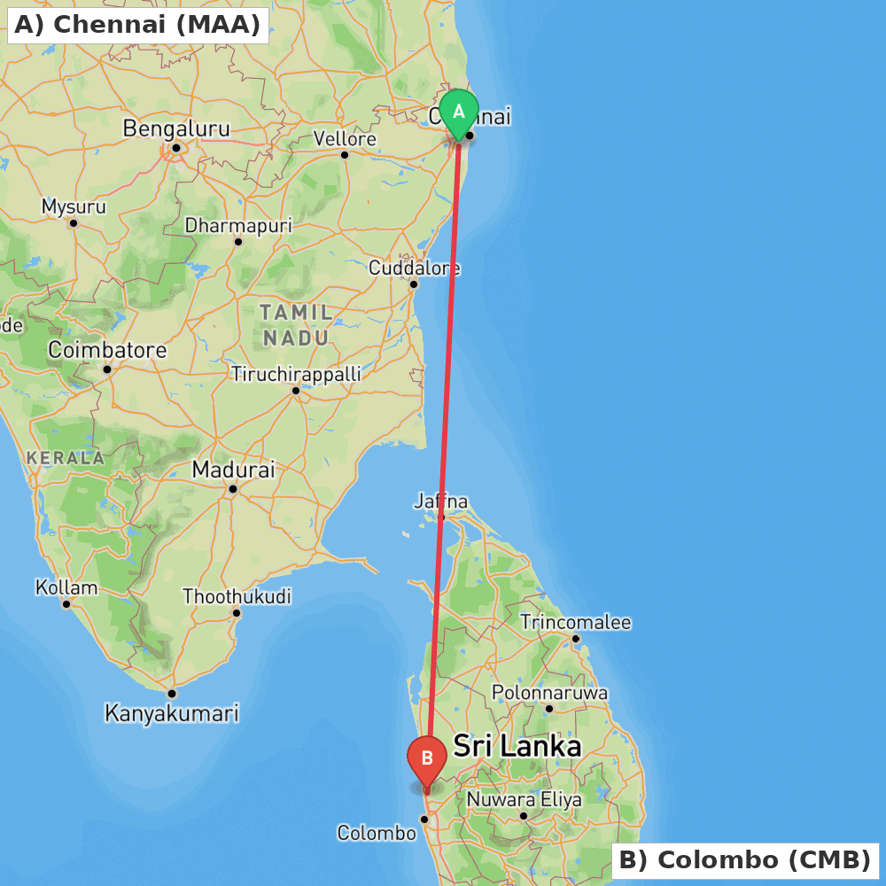 Flight route map from Chennai to Colombo