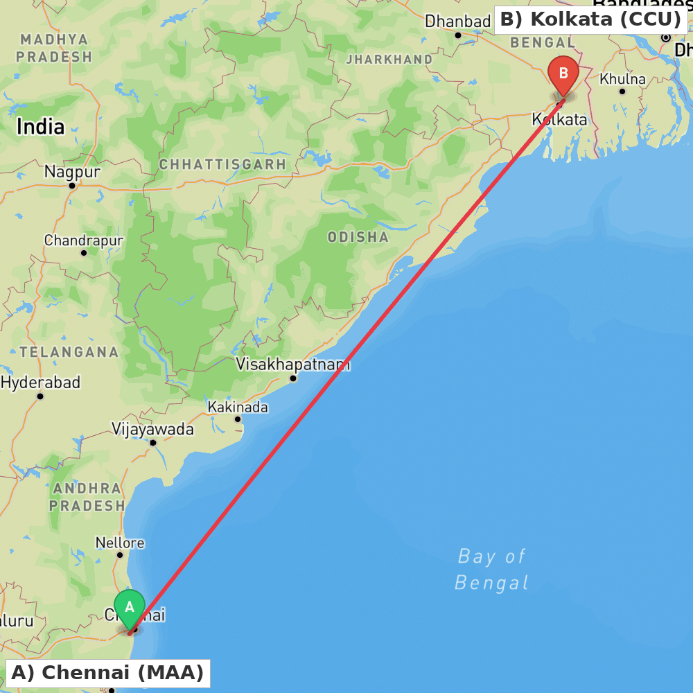 Flight route map from Chennai to Kolkata